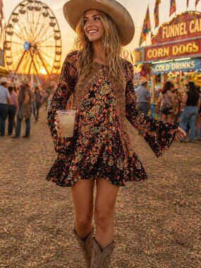 Free People Boho Floral Mini Dress Bell Sleeve Tunic Festival Cottagecore XS